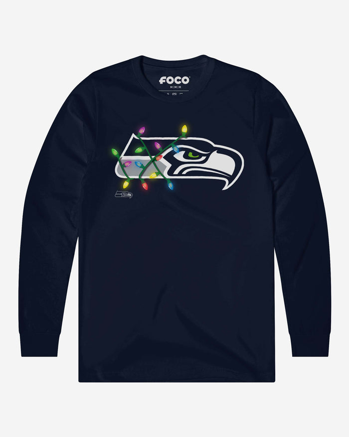 Seattle Seahawks Primary Logo Holiday Lights Long Sleeve T-Shirt