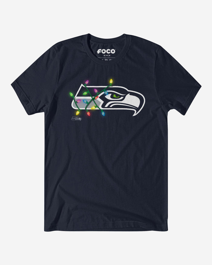 Seattle Seahawks Primary Logo Holiday Lights T-Shirt FOCO Navy S - FOCO.com