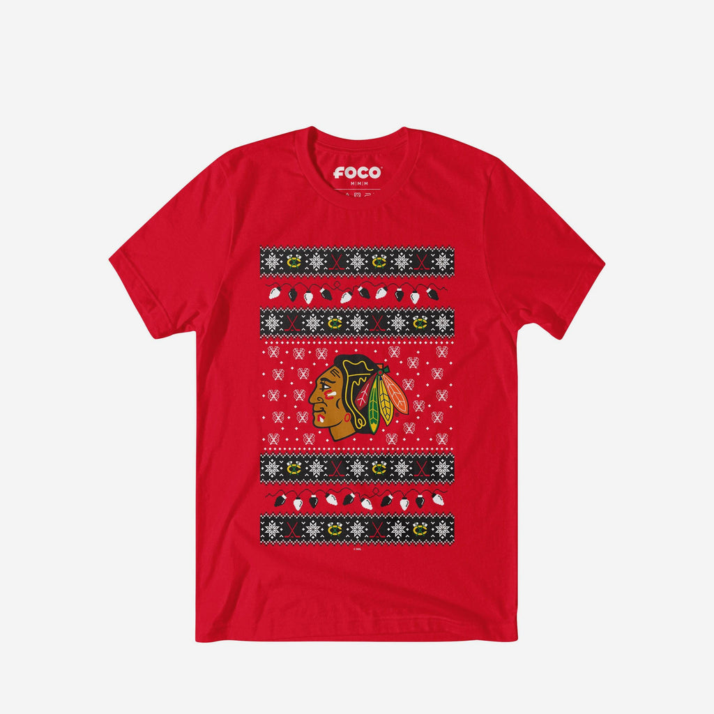 Chicago Blackhawks Holiday Lights Sweater T-Shirt FOCO S - FOCO.com