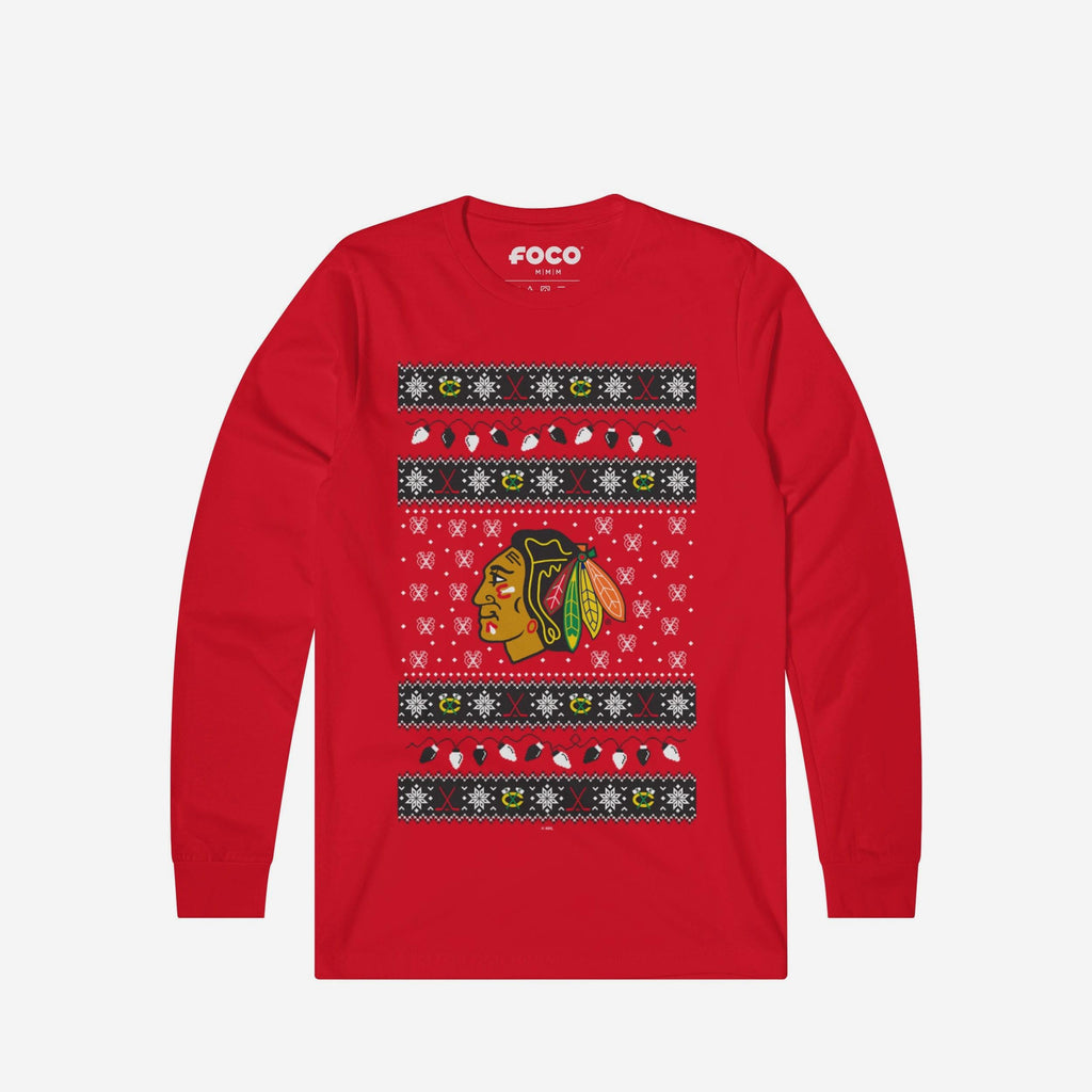 Chicago Blackhawks Holiday Lights Sweater Long Sleeve T-Shirt FOCO S - FOCO.com