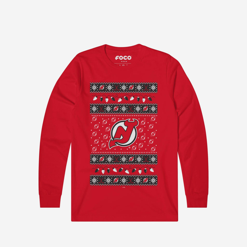 New Jersey Devils Holiday Lights Sweater Long Sleeve T-Shirt FOCO S - FOCO.com