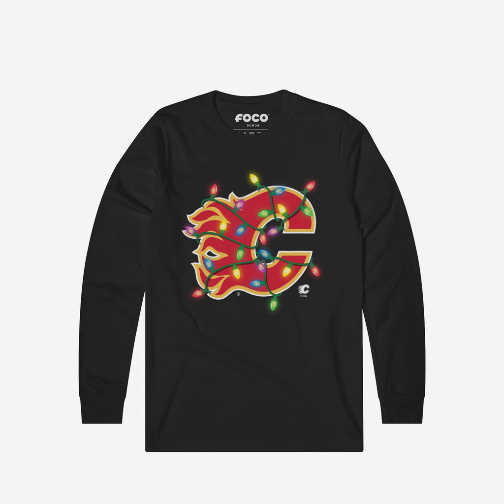 Calgary Flames Primary Logo Holiday Lights Long Sleeve T-Shirt FOCO S - FOCO.com