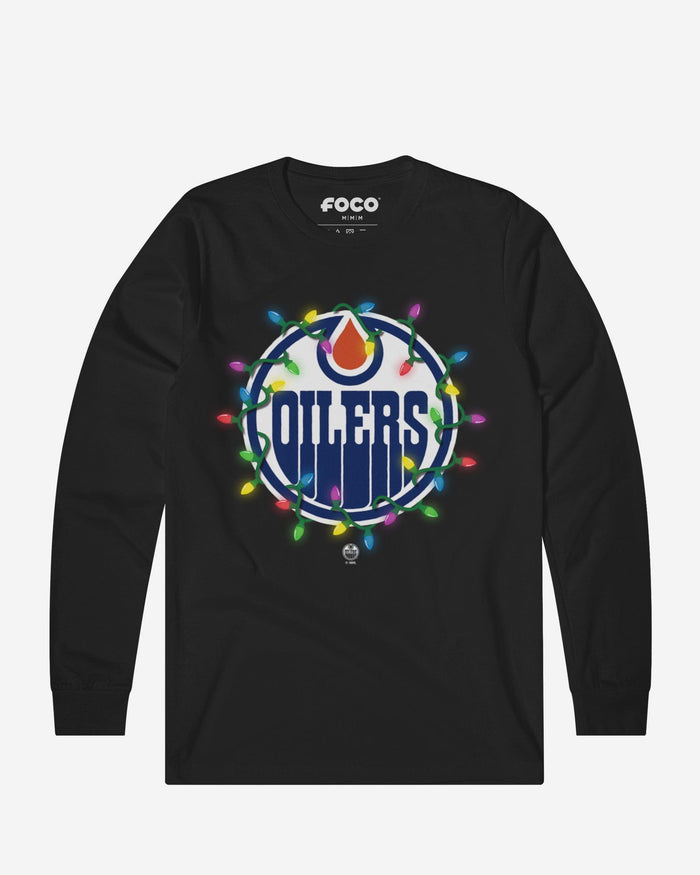 Edmonton Oilers Primary Logo Holiday Lights Long Sleeve T-Shirt FOCO S - FOCO.com