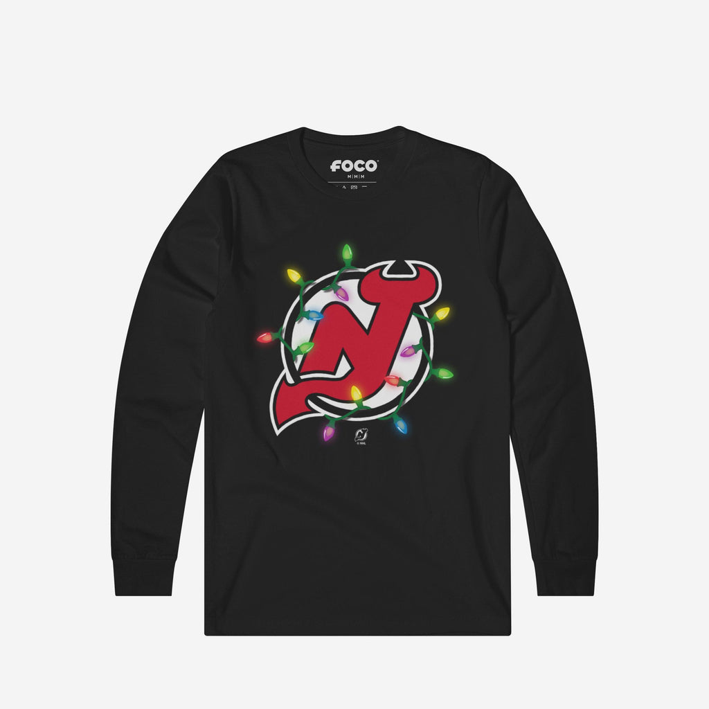 New Jersey Devils Primary Logo Holiday Lights Long Sleeve T-Shirt FOCO S - FOCO.com