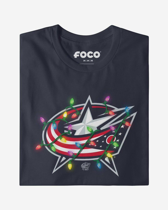 Columbus Blue Jackets Primary Logo Holiday Lights T-Shirt FOCO S - FOCO.com