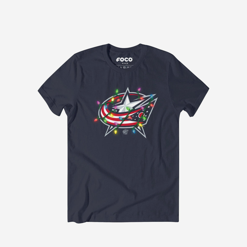 Columbus Blue Jackets Primary Logo Holiday Lights T-Shirt FOCO S - FOCO.com