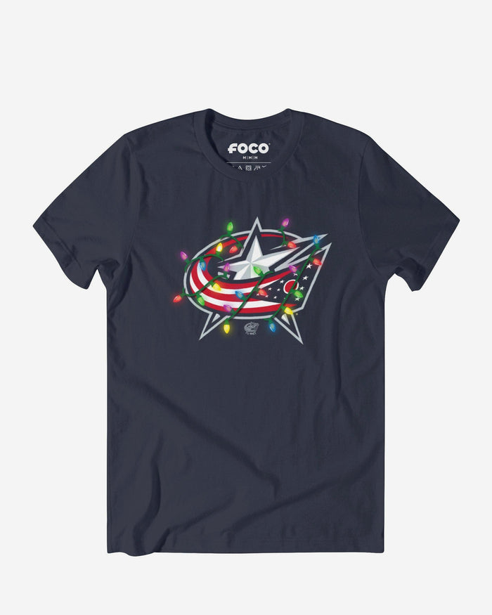 Columbus Blue Jackets Primary Logo Holiday Lights T-Shirt FOCO S - FOCO.com
