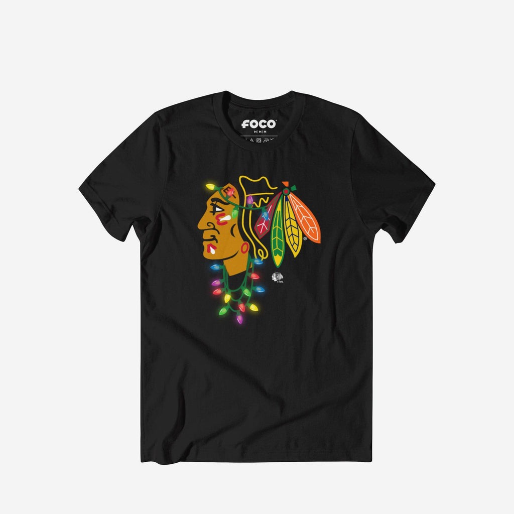 Chicago Blackhawks Primary Logo Holiday Lights T-Shirt FOCO S - FOCO.com