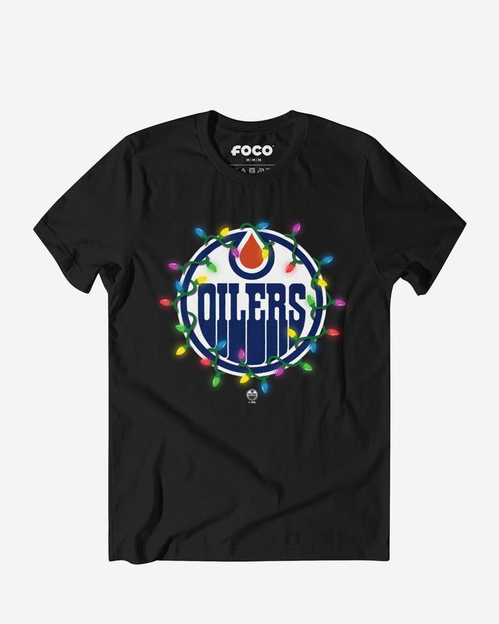 Edmonton Oilers Primary Logo Holiday Lights T-Shirt FOCO S - FOCO.com