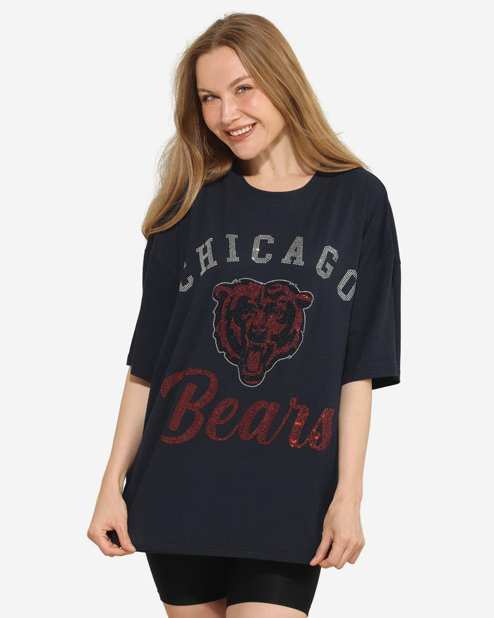 Chicago Bears Womens Rhinestone Logo Oversized T-Shirt FOCO S - FOCO.com