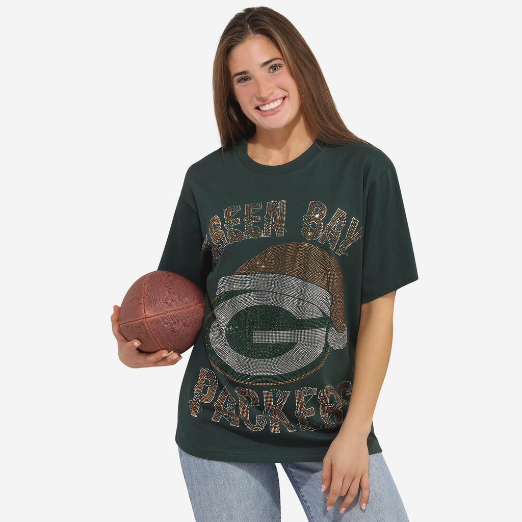 Green Bay Packers Womens Rhinestone Logo Oversized Holiday T-Shirt FOCO S - FOCO.com