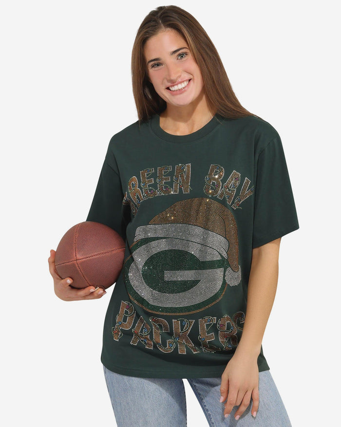 Green Bay Packers Womens Rhinestone Logo Oversized Holiday T-Shirt FOCO S - FOCO.com