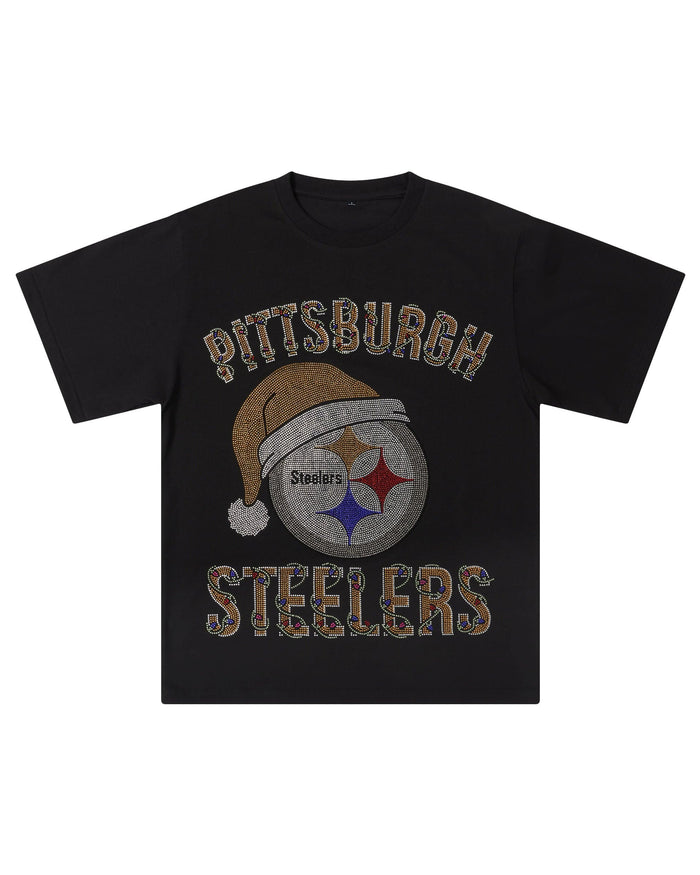 Pittsburgh Steelers Womens Rhinestone Logo Oversized Holiday T-Shirt