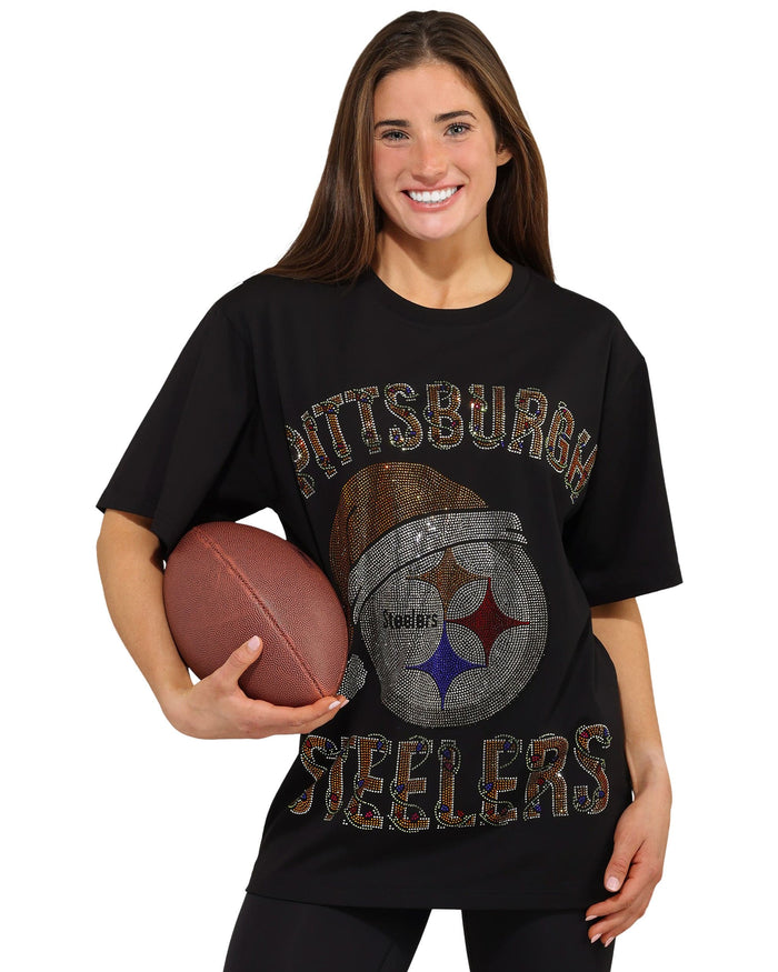 Pittsburgh Steelers Womens Rhinestone Logo Oversized Holiday T-Shirt
