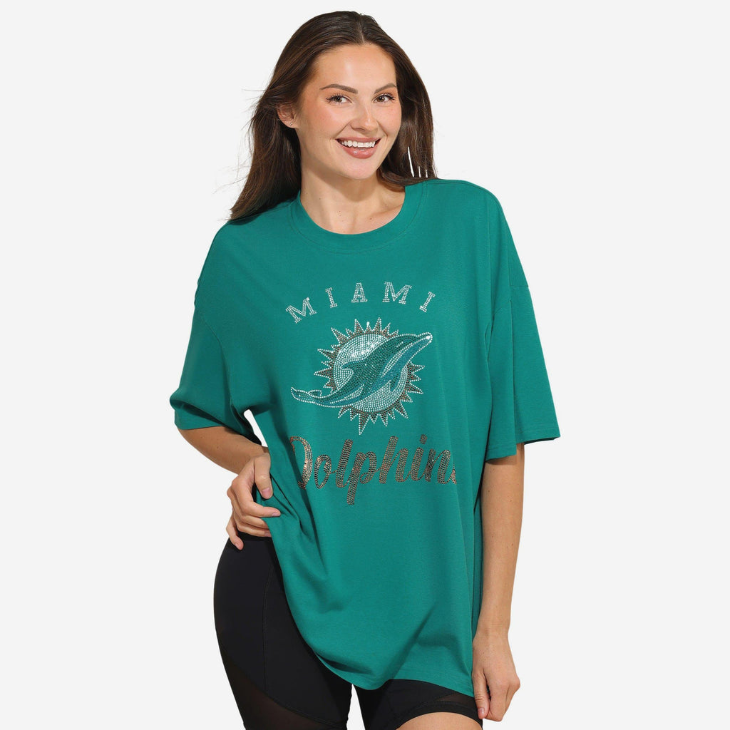 Miami Dolphins Womens Rhinestone Logo Oversized T-Shirt FOCO S - FOCO.com