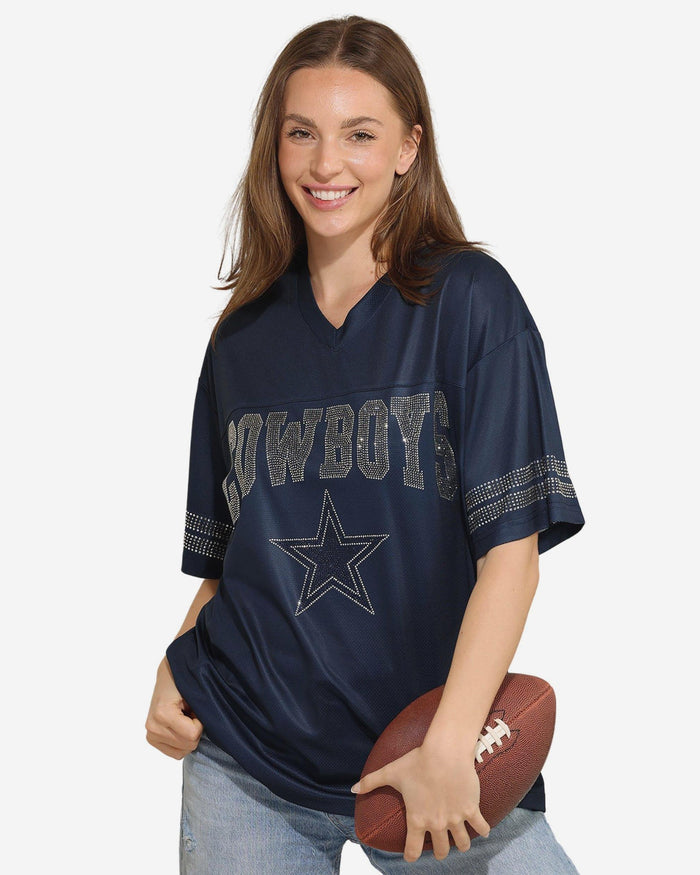 Dallas Cowboys Womens Rhinestone Logo Oversized V-Neck Mesh T-Shirt FOCO S - FOCO.com