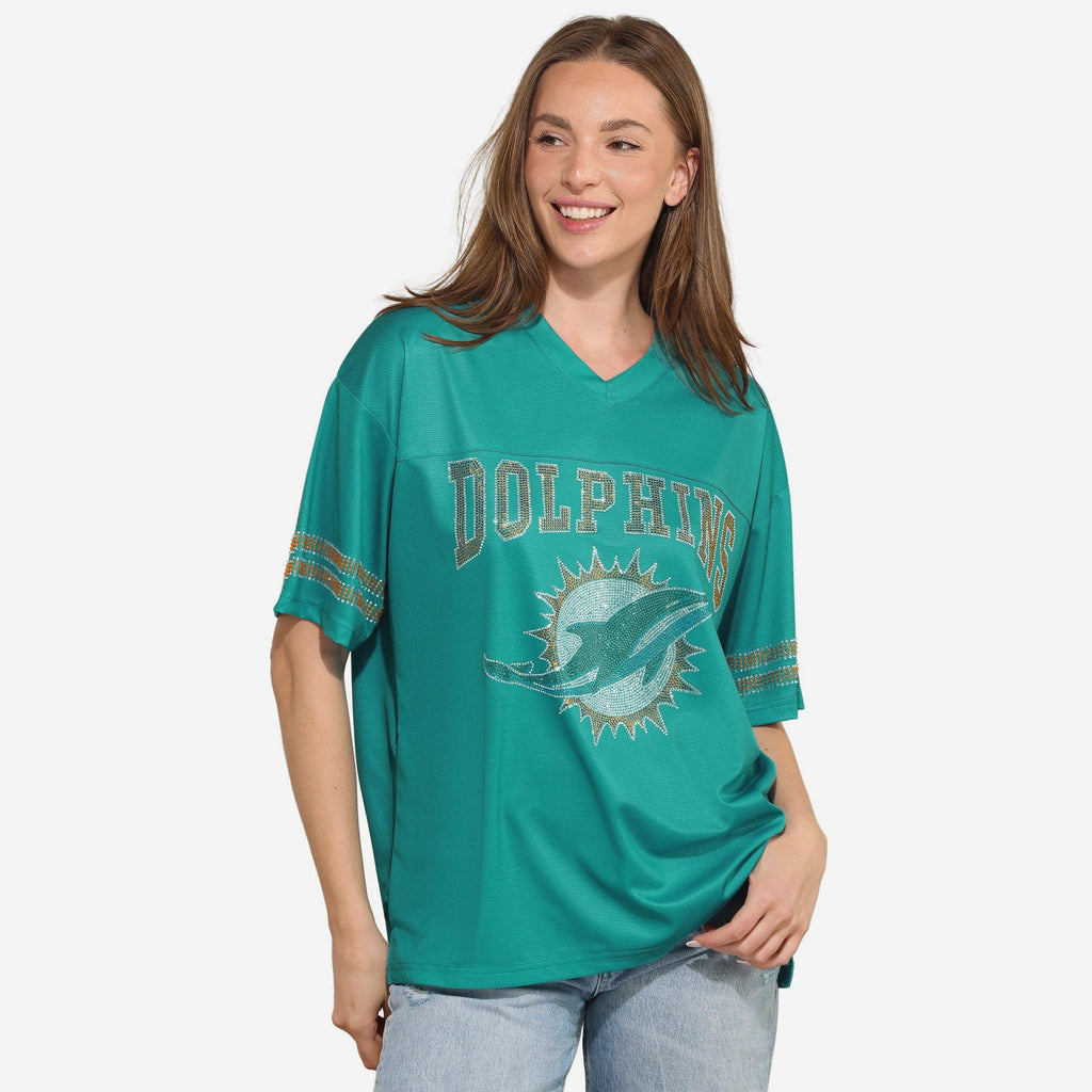 Miami Dolphins Womens Rhinestone Logo Oversized V-Neck Mesh T-Shirt FOCO S - FOCO.com