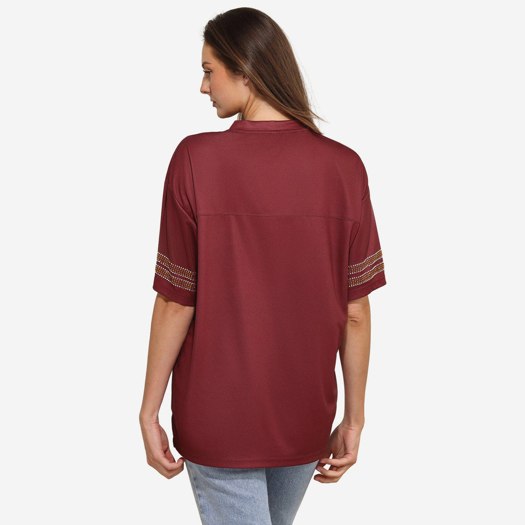 Washington Commanders Womens Rhinestone Logo Oversized V-Neck Mesh T-S FOCO