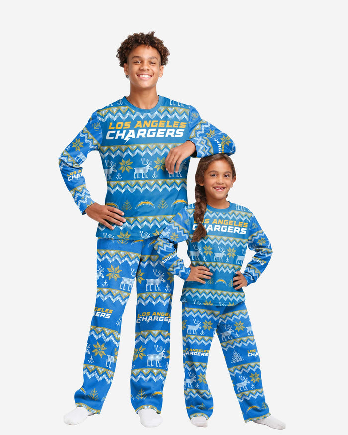 Los Angeles Chargers Youth Ugly Pattern Family Holiday Pajamas FOCO 4 - FOCO.com