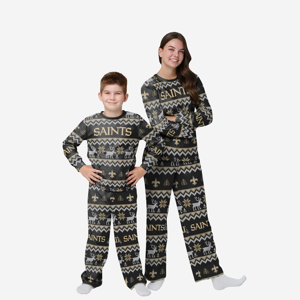 New Orleans Saints Youth Ugly Pattern Family Holiday Pajamas FOCO 4 - FOCO.com