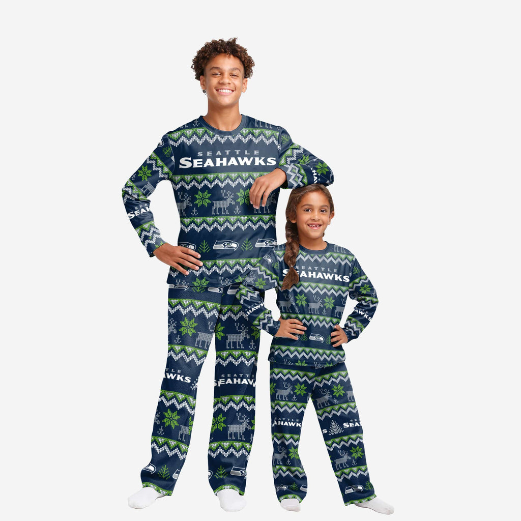 Seattle Seahawks Youth Ugly Pattern Family Holiday Pajamas FOCO 4 - FOCO.com