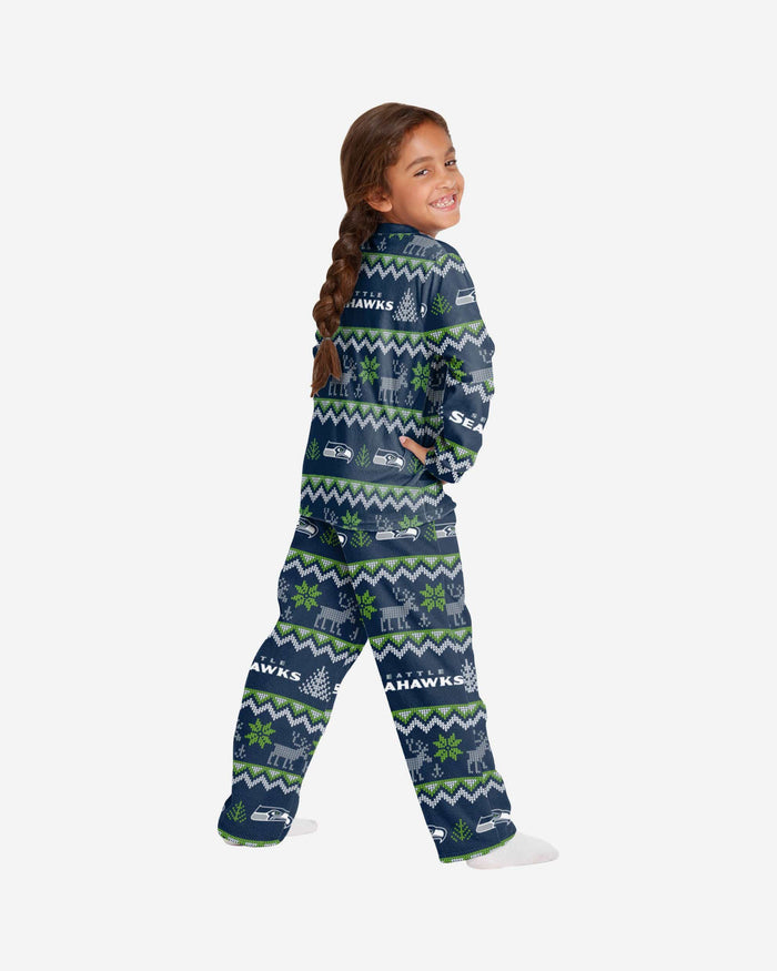 Seattle Seahawks Youth Ugly Pattern Family Holiday Pajamas FOCO - FOCO.com