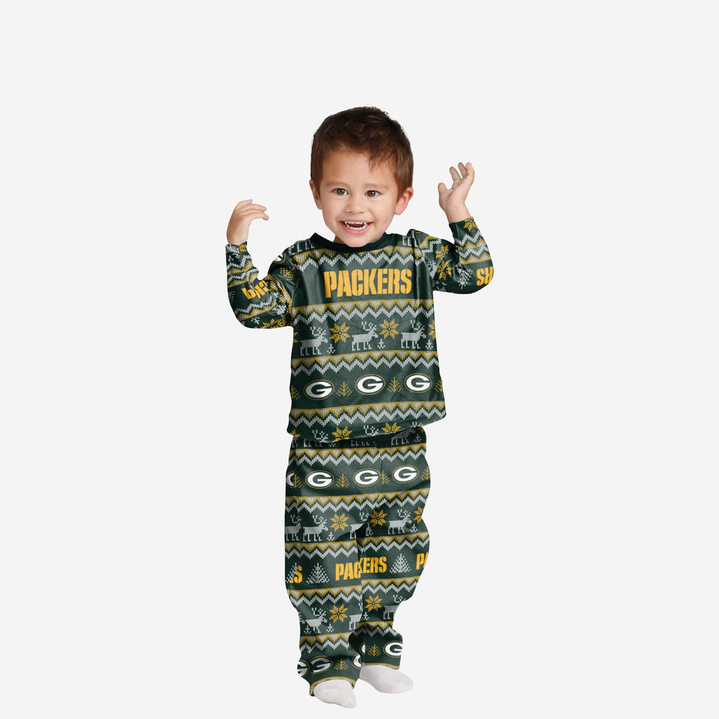 Green Bay Packers Toddler Ugly Pattern Family Holiday Pajamas FOCO 2T - FOCO.com