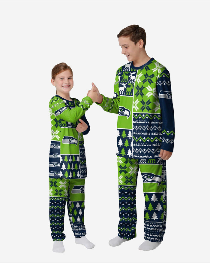 Seattle Seahawks Youth Busy Block Family Holiday Pajamas FOCO 4 - FOCO.com