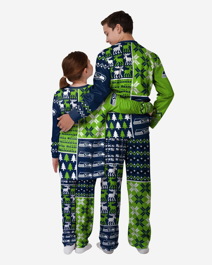 Seattle Seahawks Youth Busy Block Family Holiday Pajamas FOCO - FOCO.com