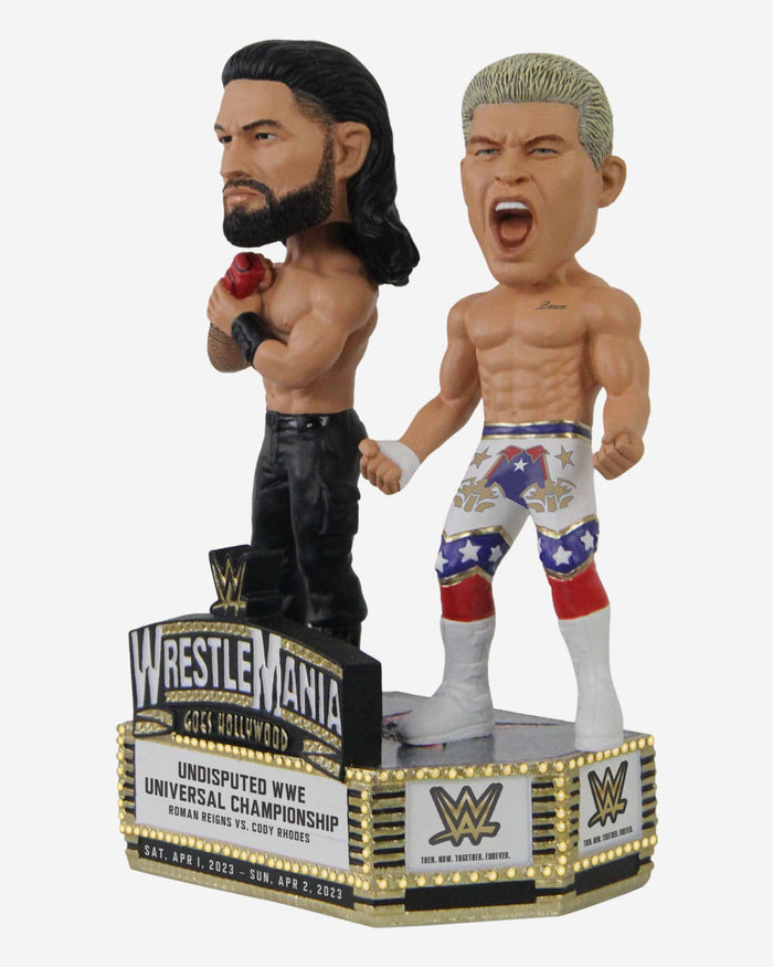 Roman Reigns & Cody Rhodes WWE WrestleMania 39 Undisputed WWE Universal Championship Mini Bobblehead Scene FOCO - FOCO.com