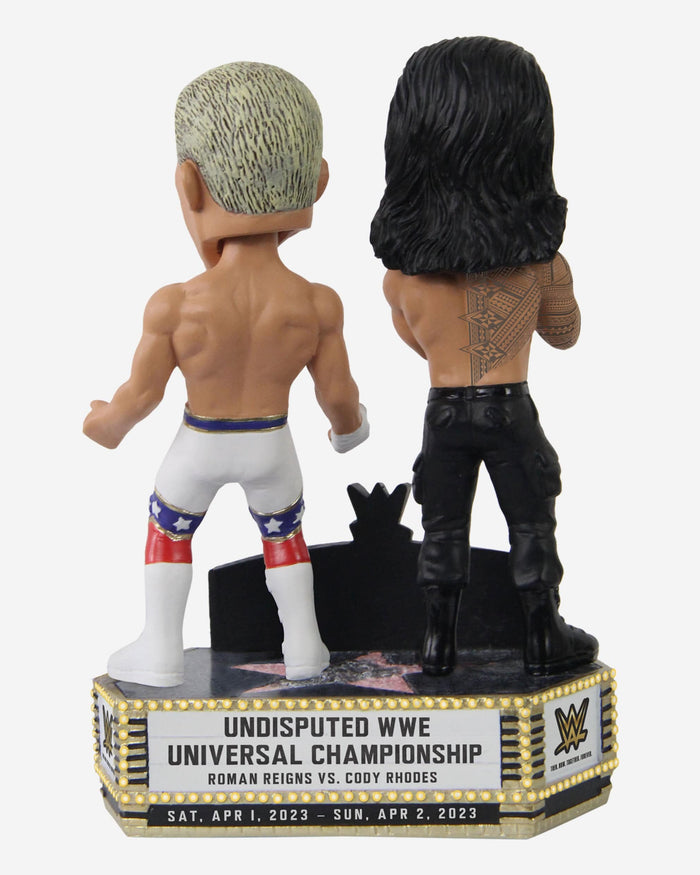 Roman Reigns & Cody Rhodes WWE WrestleMania 39 Undisputed WWE Universal Championship Mini Bobblehead Scene FOCO - FOCO.com