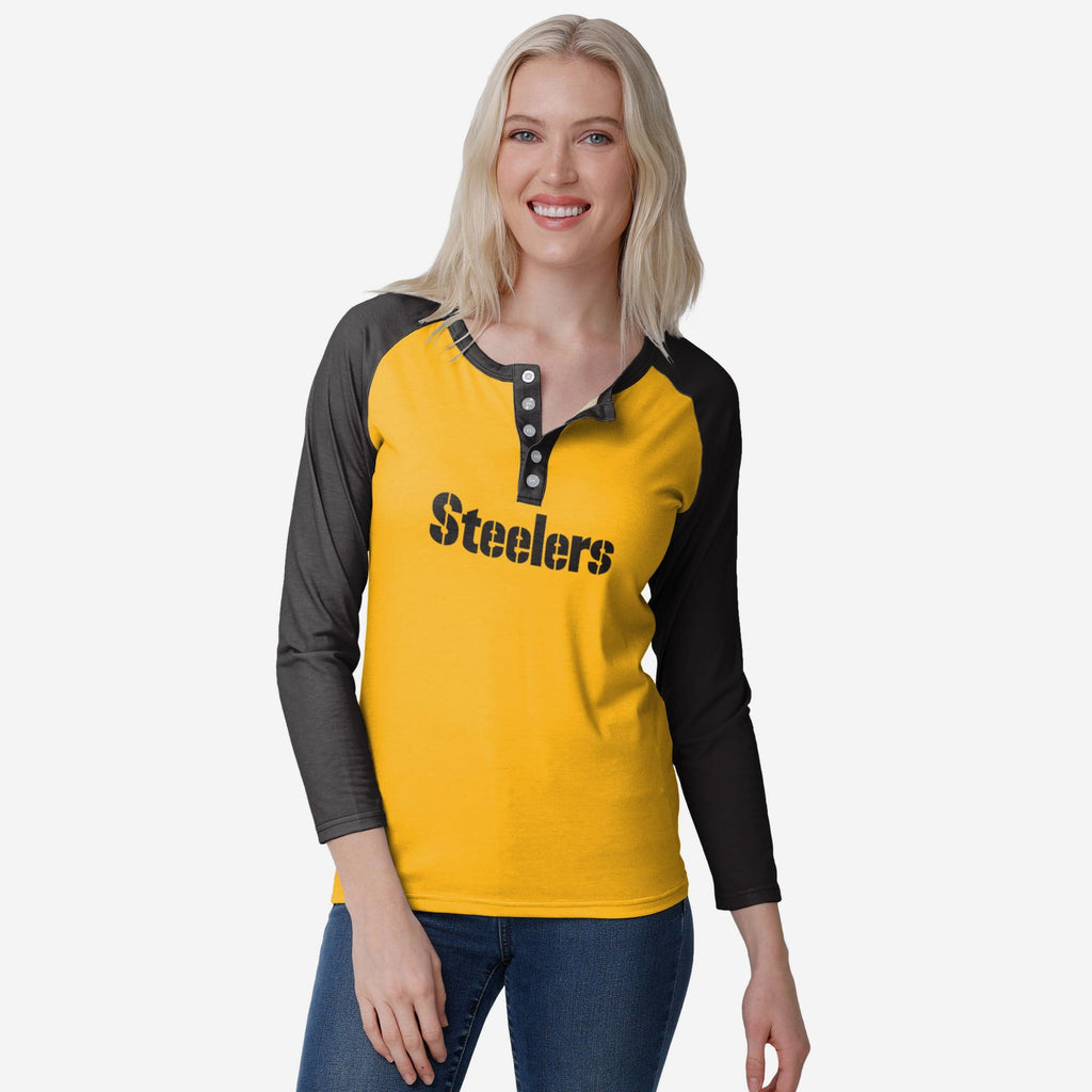 Pittsburgh Steelers Womens Big Wordmark Long Sleeve Henley FOCO S - FOCO.com