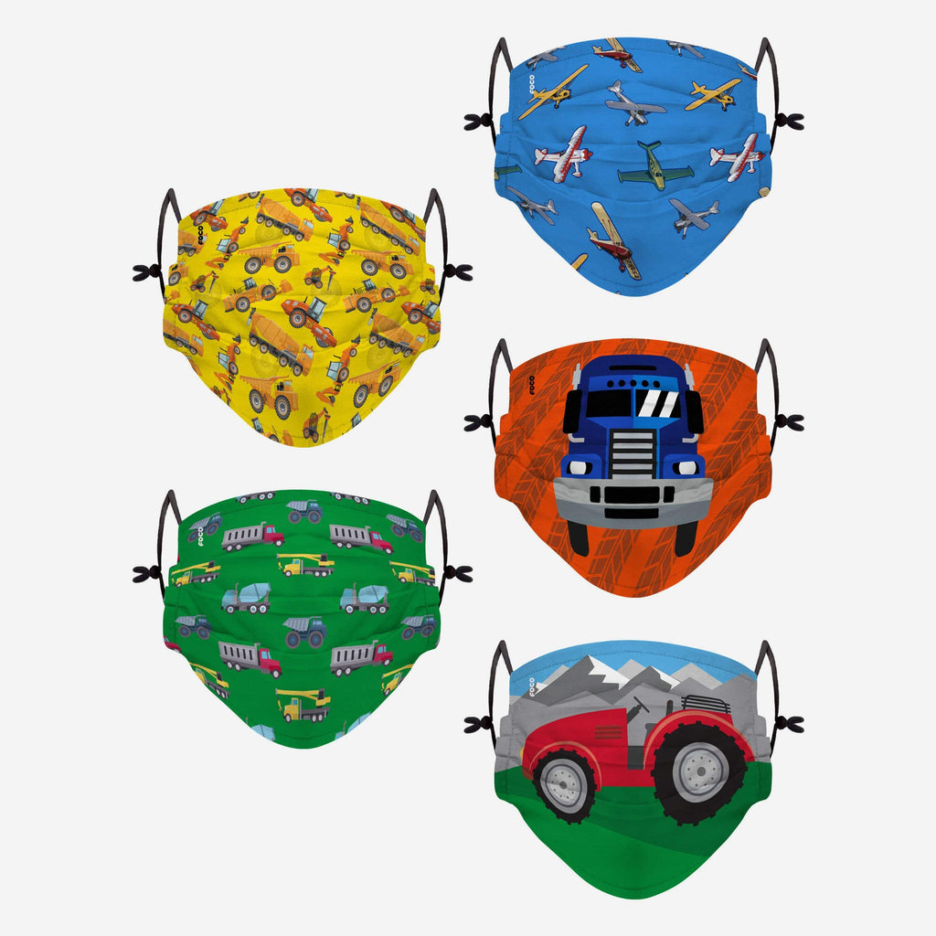 Planes Trains & Automobiles Pack Youth Adjustable 5 Pack Face Cover FOCO - FOCO.com