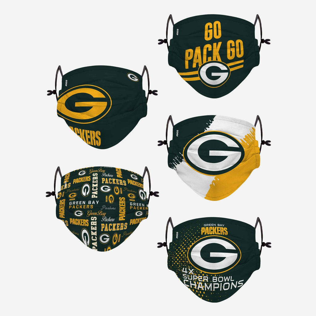 Green Bay Packers Youth Rising Stars Adjustable 5 Pack Face Cover FOCO - FOCO.com