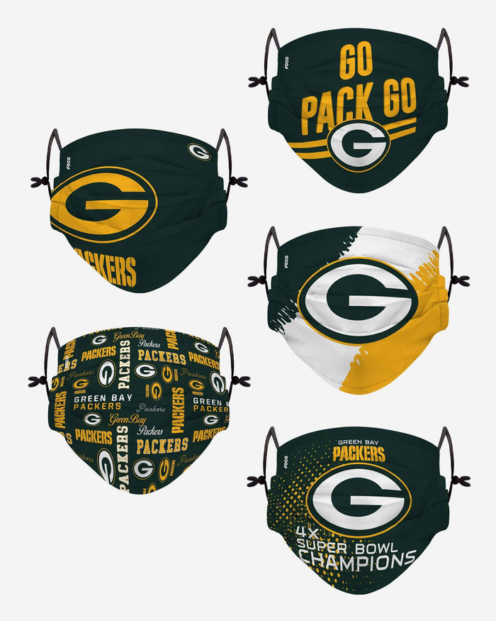Green Bay Packers Youth Rising Stars Adjustable 5 Pack Face Cover FOCO - FOCO.com
