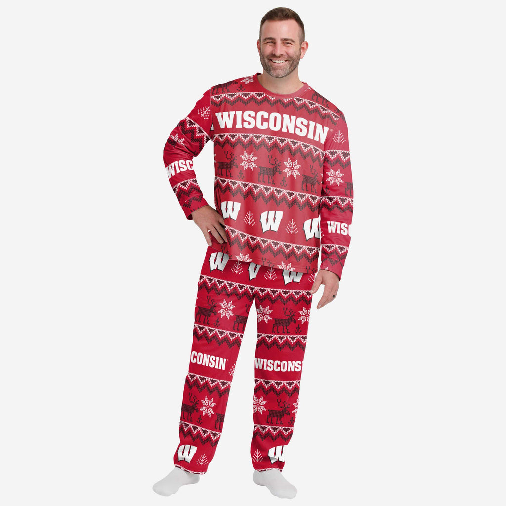 Wisconsin Badgers Mens Ugly Pattern Family Holiday Pajamas FOCO S - FOCO.com