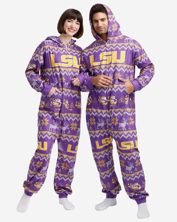 LSU Tigers Ugly Pattern One Piece Pajamas FOCO - FOCO.com