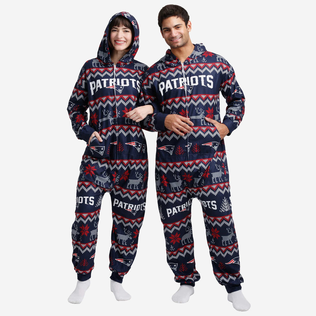New England Patriots Ugly Pattern One Piece Pajamas FOCO - FOCO.com