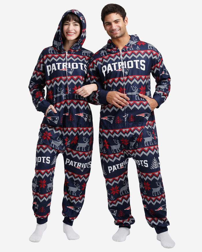New England Patriots Ugly Pattern One Piece Pajamas FOCO - FOCO.com