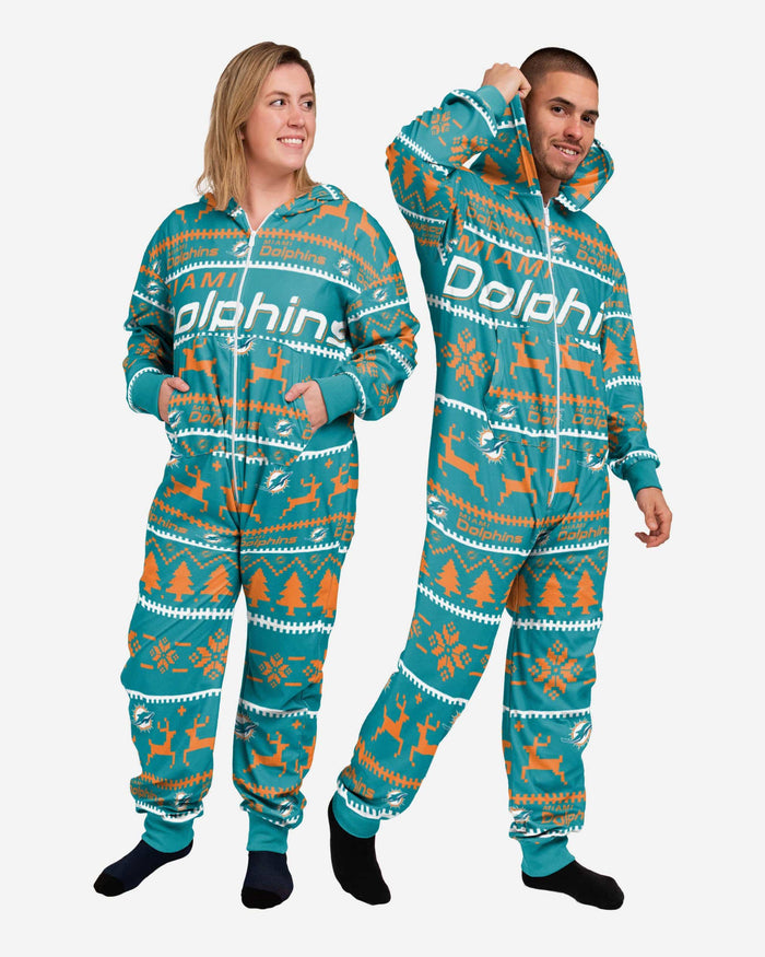 Miami Dolphins Holiday One Piece Pajamas FOCO XS - FOCO.com