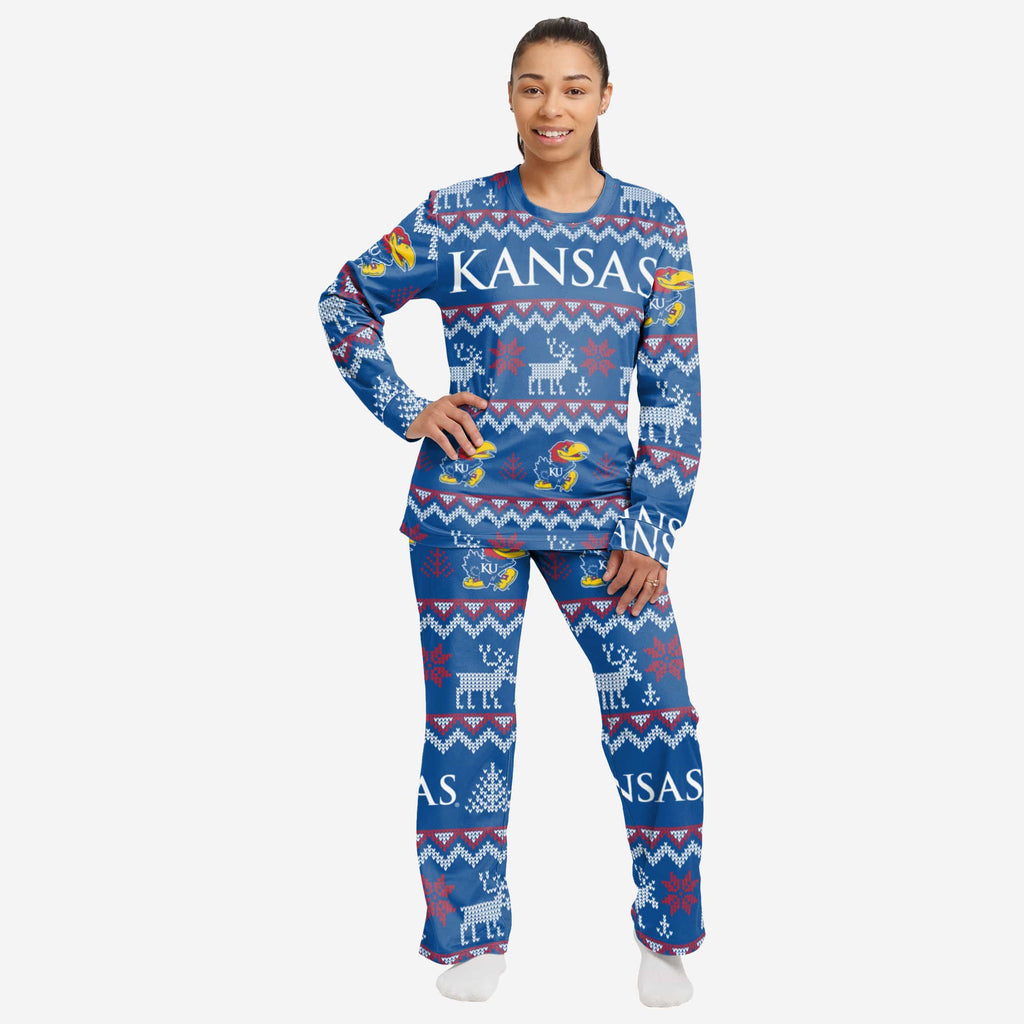 Kansas Jayhawks Womens Ugly Pattern Family Holiday Pajamas FOCO S - FOCO.com