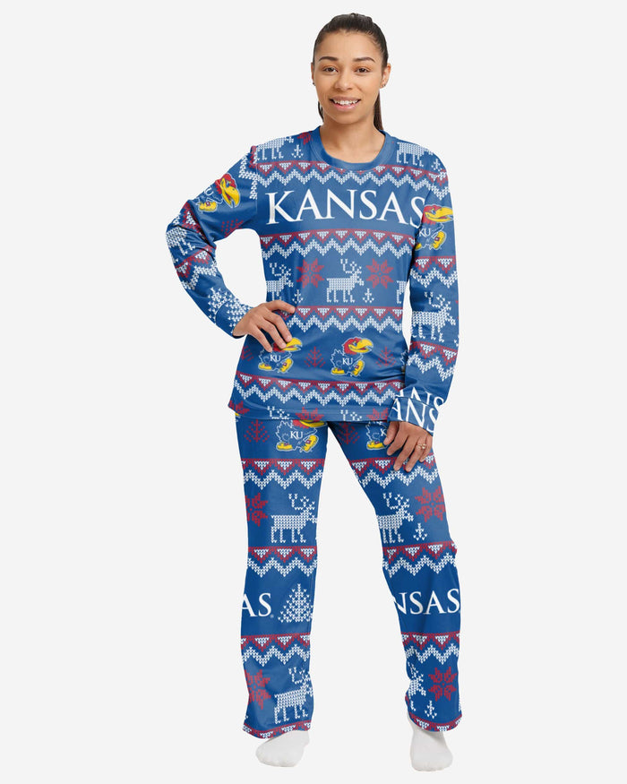 Kansas Jayhawks Womens Ugly Pattern Family Holiday Pajamas FOCO S - FOCO.com
