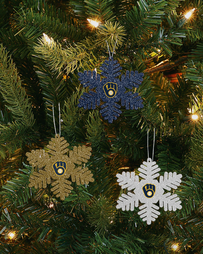 Milwaukee Brewers 3 Pack Metal Glitter Snowflake Ornament FOCO - FOCO.com