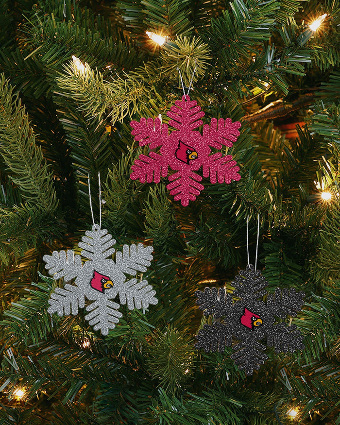 Louisville Cardinals 3 Pack Metal Glitter Snowflake Ornament FOCO - FOCO.com