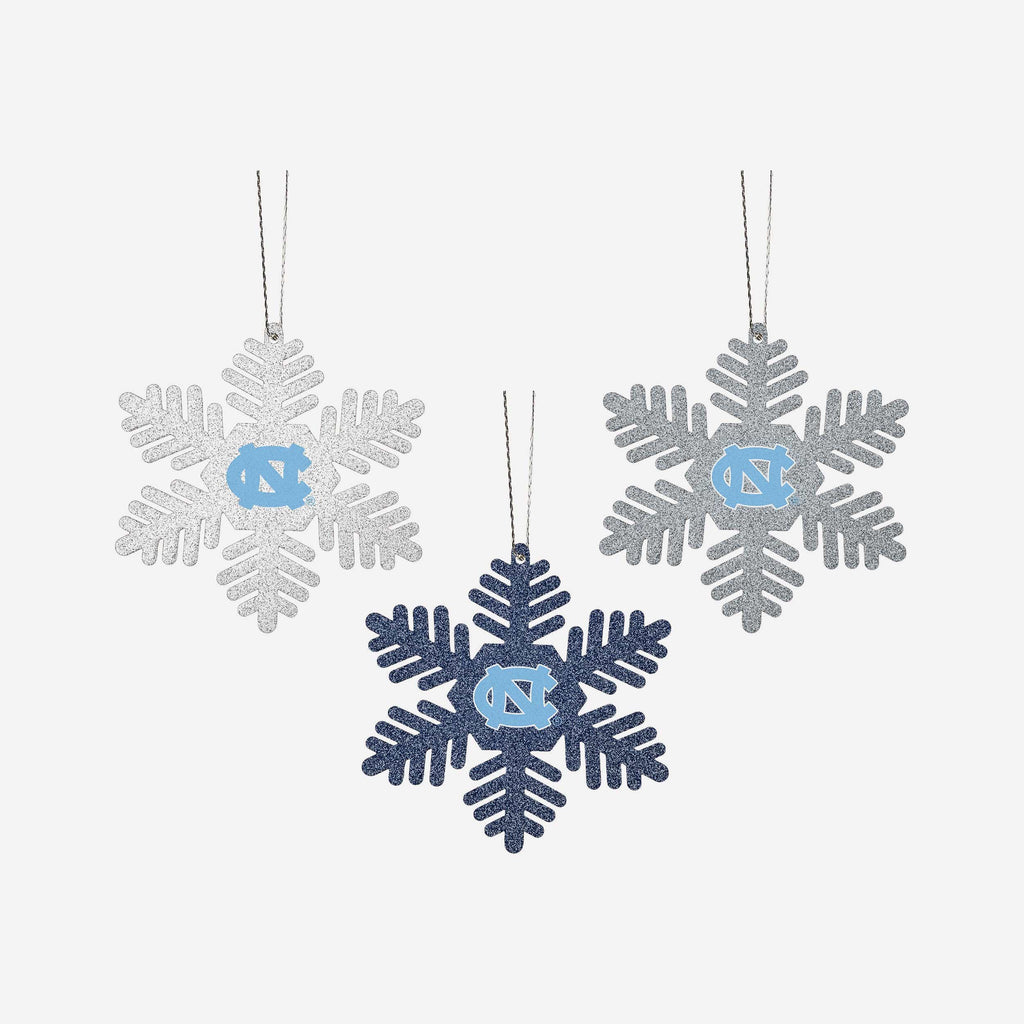 North Carolina Tar Heels 3 Pack Metal Glitter Snowflake Ornament FOCO - FOCO.com