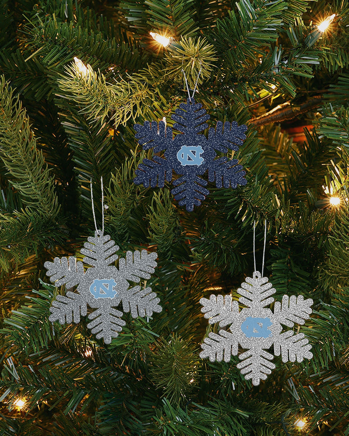 North Carolina Tar Heels 3 Pack Metal Glitter Snowflake Ornament FOCO - FOCO.com