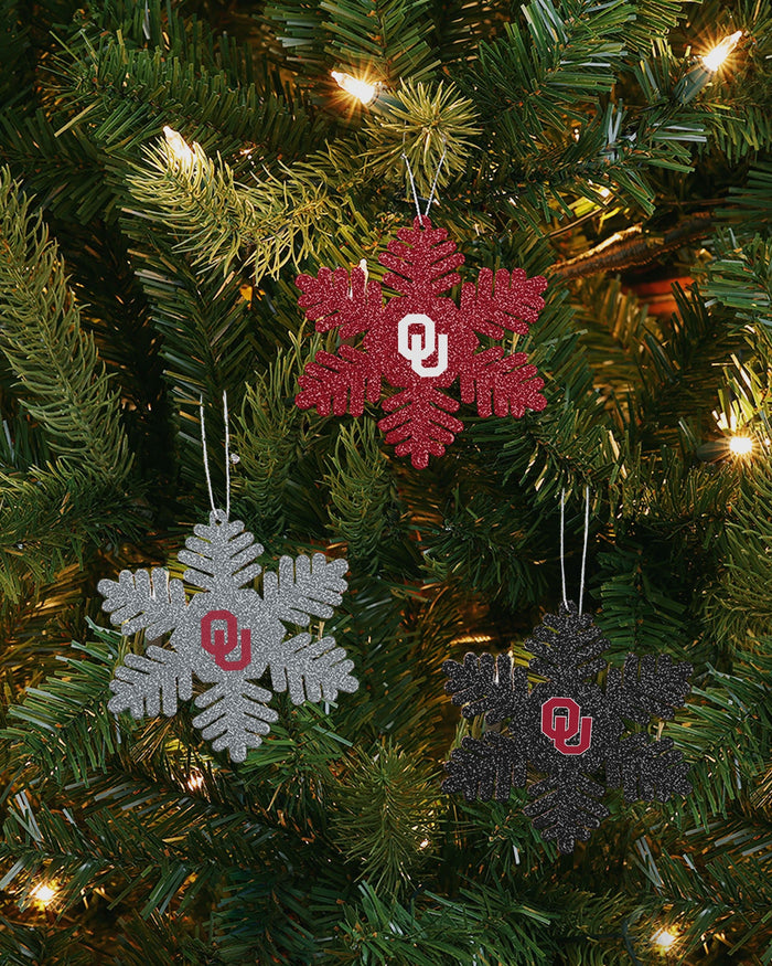 Oklahoma Sooners 3 Pack Metal Glitter Snowflake Ornament FOCO - FOCO.com