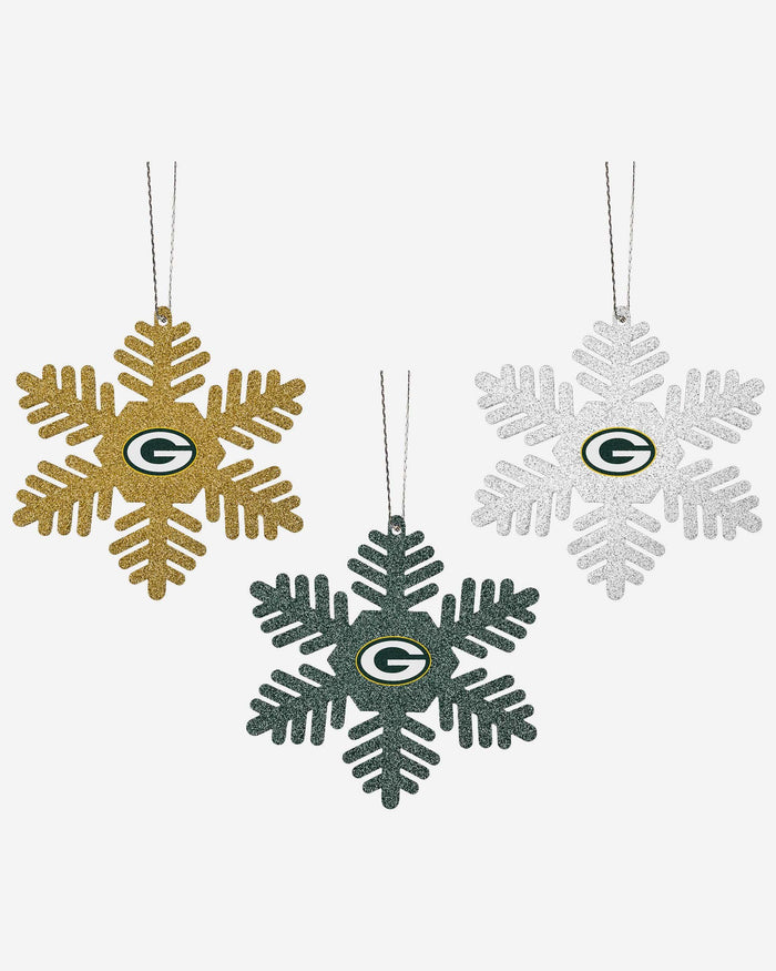 Green Bay Packers 3 Pack Metal Glitter Snowflake Ornament FOCO - FOCO.com