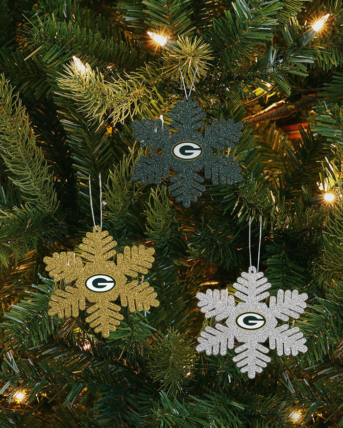 Green Bay Packers 3 Pack Metal Glitter Snowflake Ornament FOCO - FOCO.com
