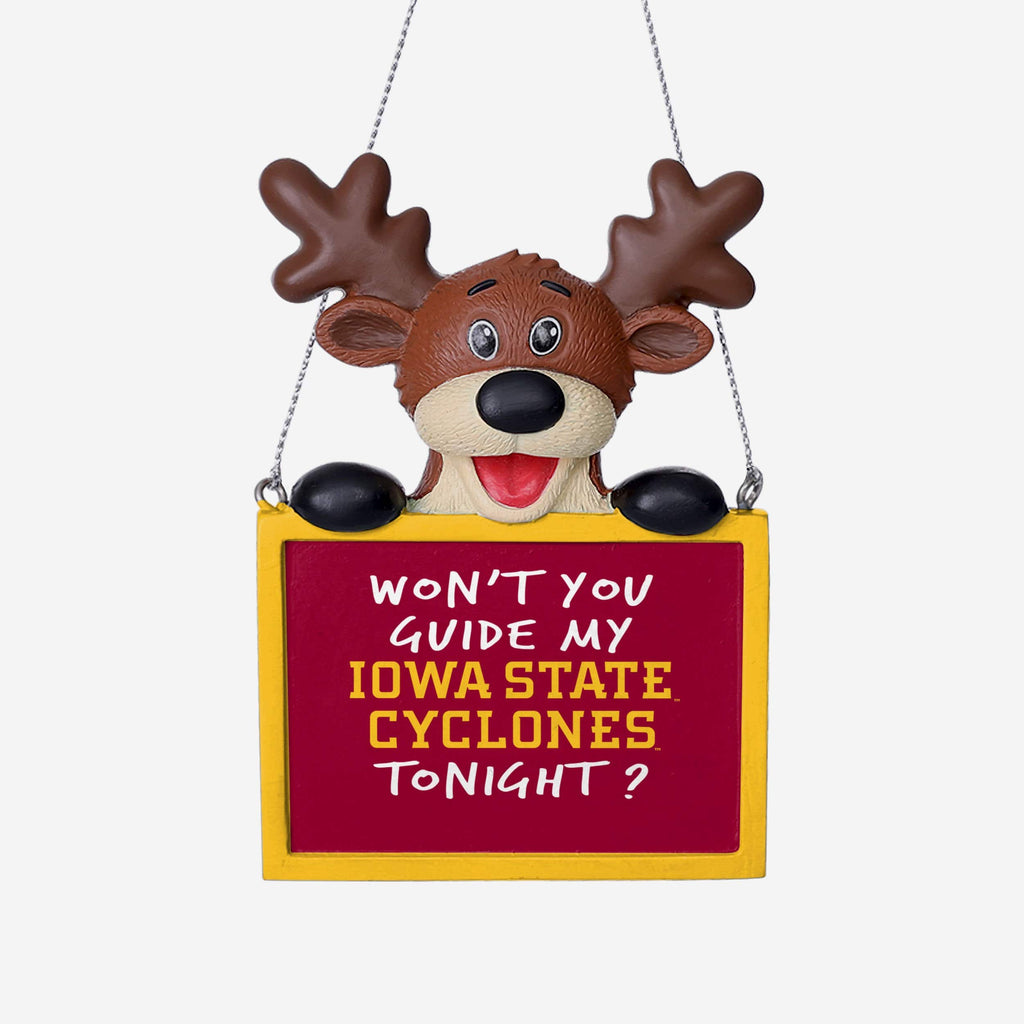 Iowa State Cyclones Reindeer With Sign Ornament FOCO - FOCO.com